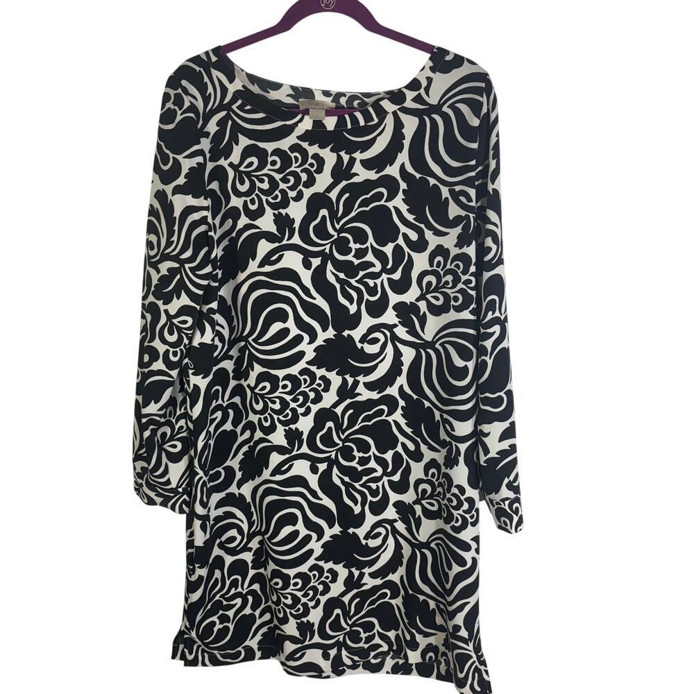 LOFT Womens Large Black White Floral Shift Dress 3/4 Sleeve Stretch L